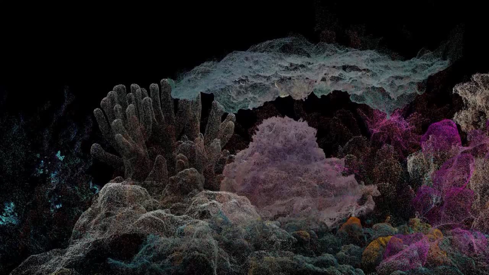 Sobre Corais — recife de coral reconstruído em nuvem de pontos, tons de magenta e azul sobre fundo escuro