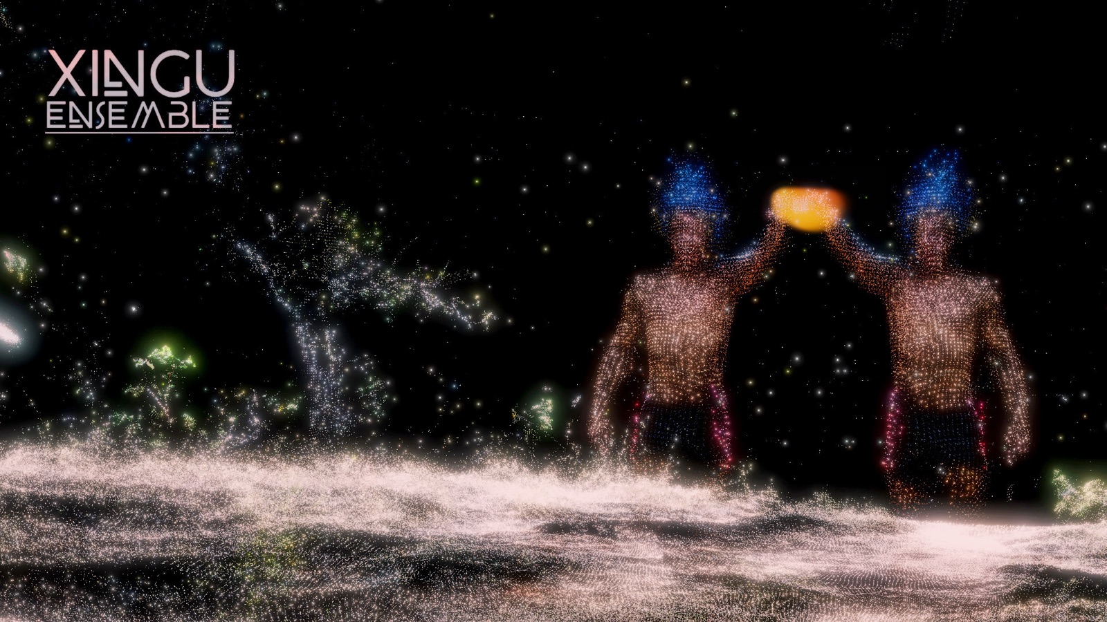 Xingu Ensemble — cena em VR feita de nuvem de pontos, duas figuras sobre um campo estelar
